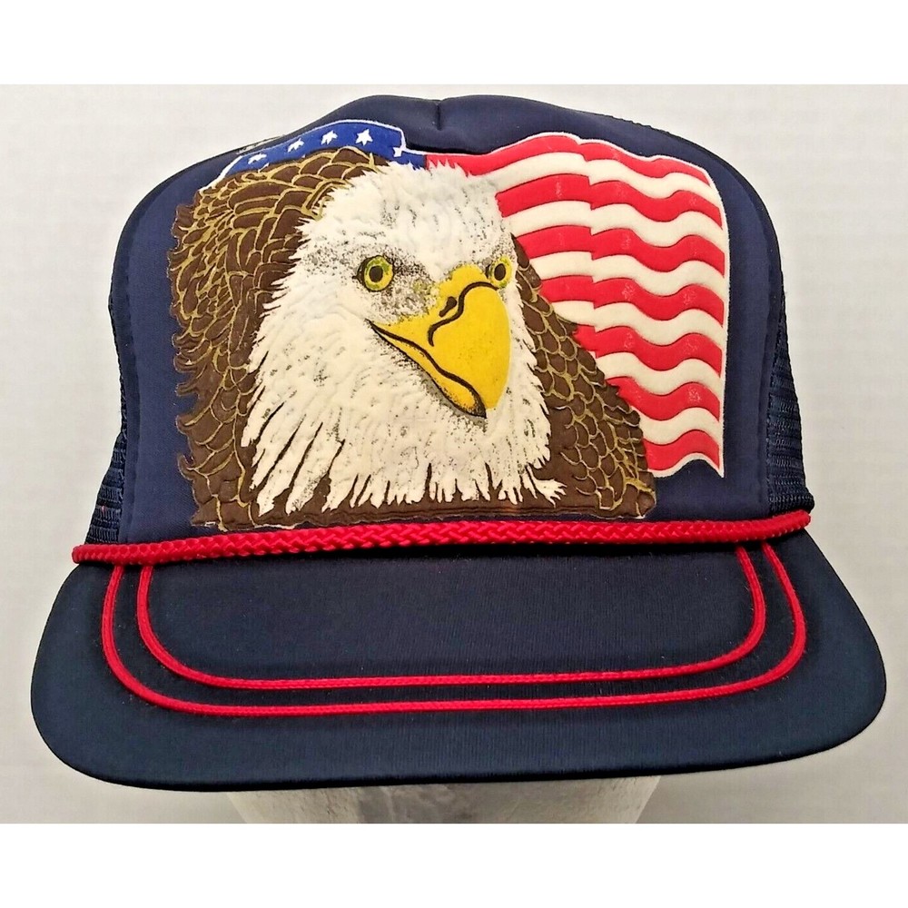 Vintage 80s USA Flag Bald Eagle Fieldmaster Hat Cap Trucker Dad Snapback OSFA